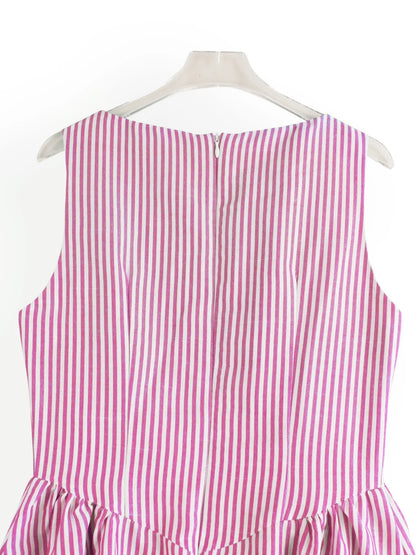 Back view of casual striped midi summer dress in pink showing zipper 