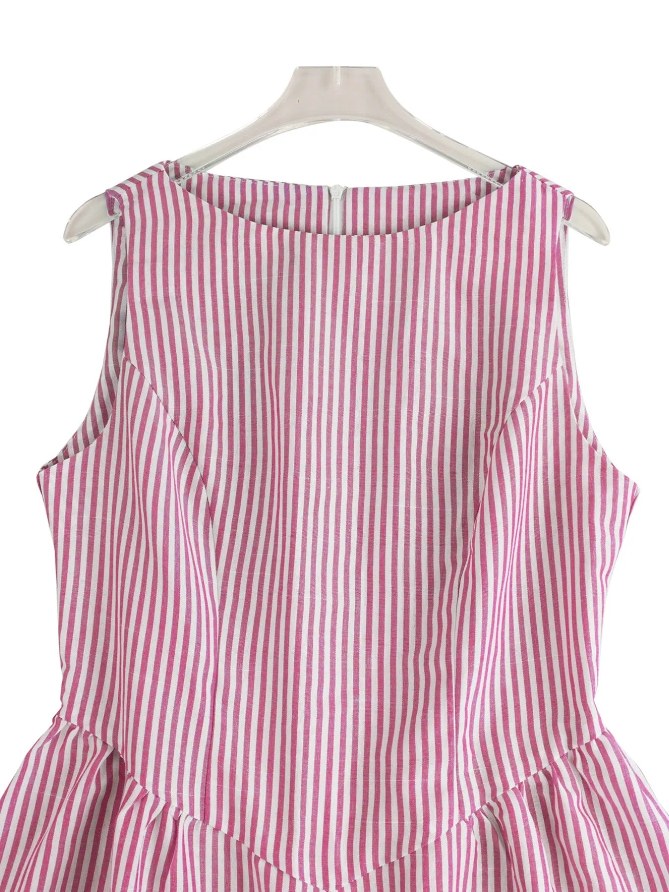 close up front view of pink casual striped midi summer dress