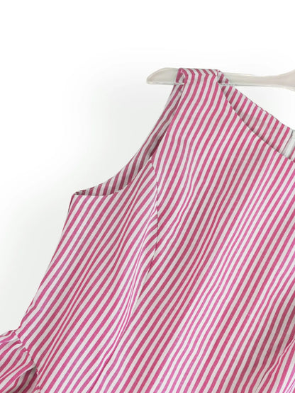 close up  view of casual striped midi summer dress in pink