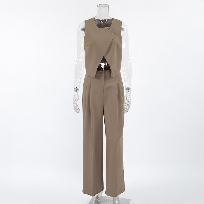 Tailored Sleeveless Vest & High-Waisted Wide-Leg Pants Suit two piece set front view on a mannequin against a white background
