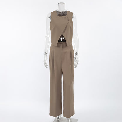 Tailored Sleeveless Vest & High-Waisted Wide-Leg Pants Suit two piece set front view on a mannequin against a white background