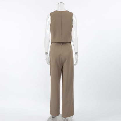 brown Tailored Sleeveless Vest & High-Waisted Wide-Leg Pants Suit two piece set back view on a mannequin against a white background