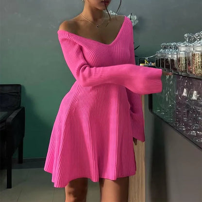 Slim V-Neck Knitted Sweater Dress