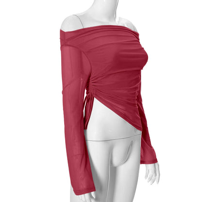 Solid Long-sleeved Off-shoulder Top