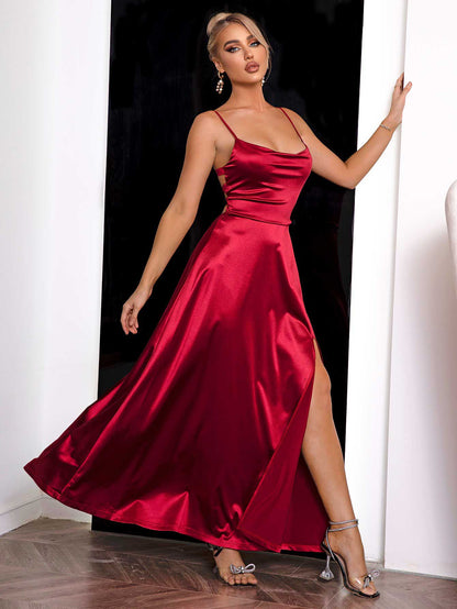 Model in spaghetti strap slit maxi dress
side / front view 
