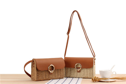 two brown woven straw handbags with woven design on a wooden surface