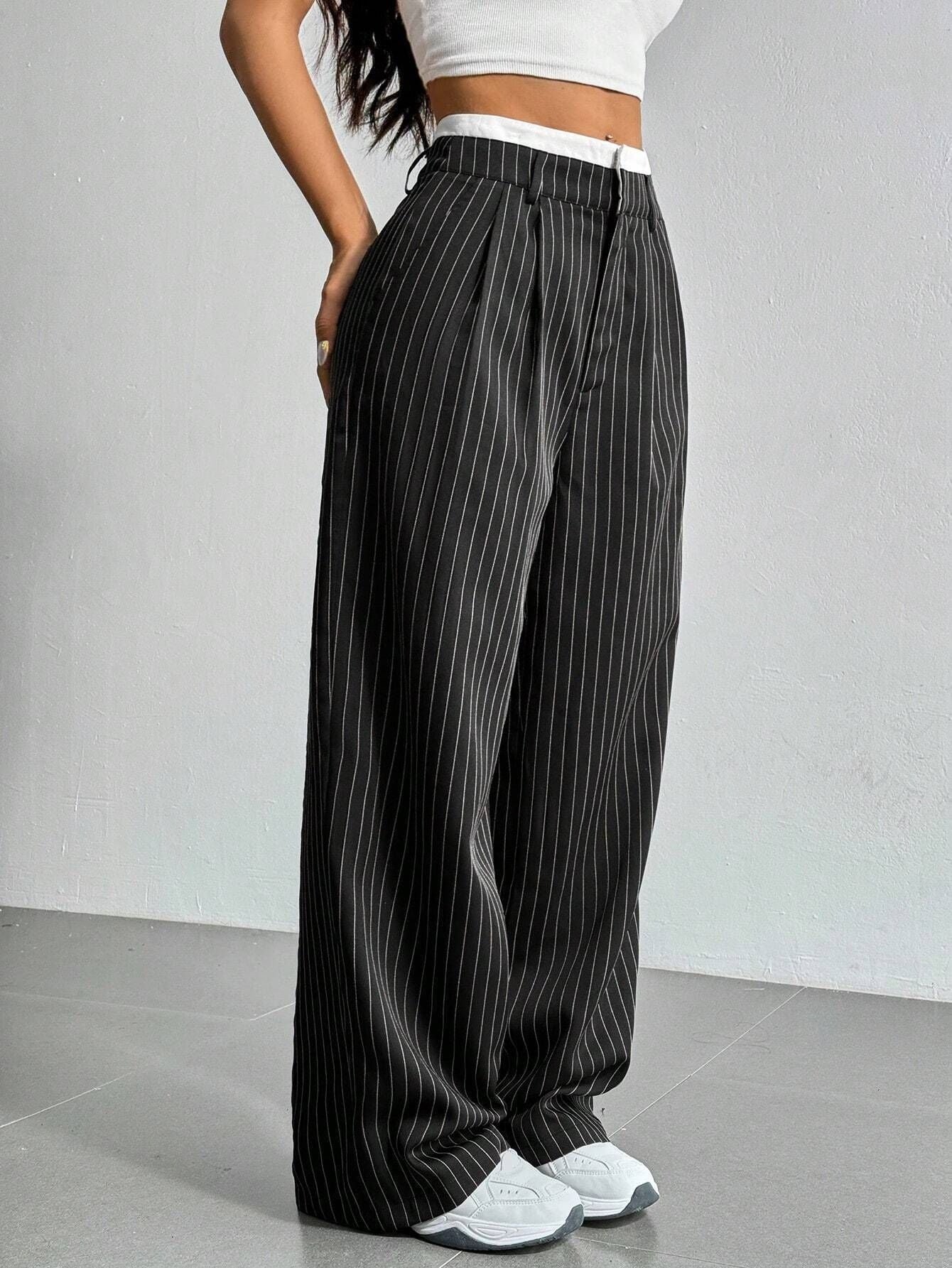 Stripe High Waist Straight Leg Trousers