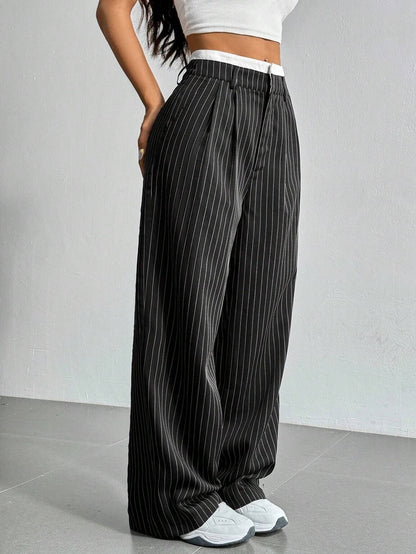 Stripe High Waist Straight Leg Trousers