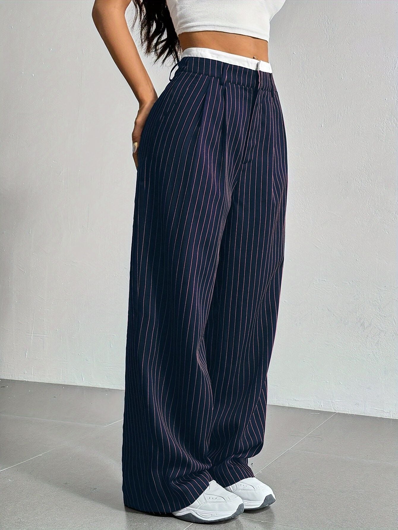 Stripe High Waist Straight Leg Trousers