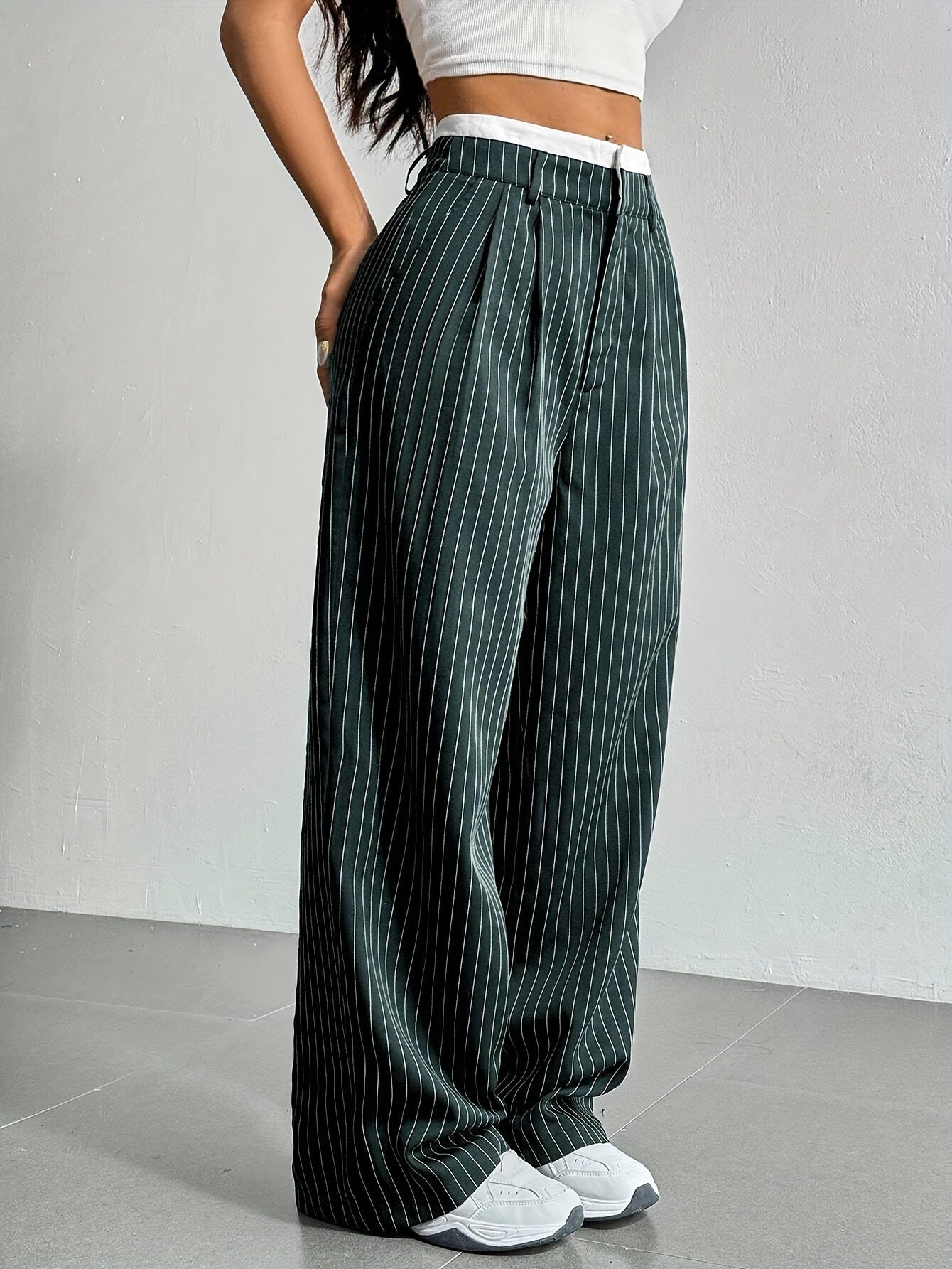 Stripe High Waist Straight Leg Trousers