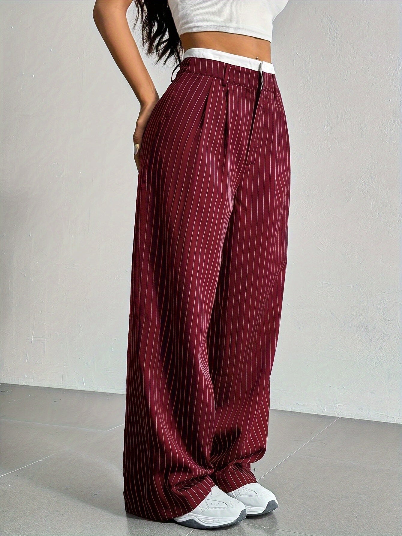 Stripe High Waist Straight Leg Trousers