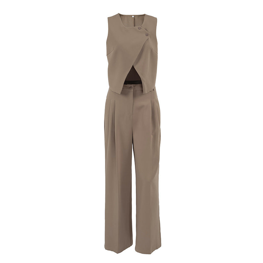 Brown  Tailored Sleeveless Vest & High-Waisted Wide-Leg Pants Suit on a white background