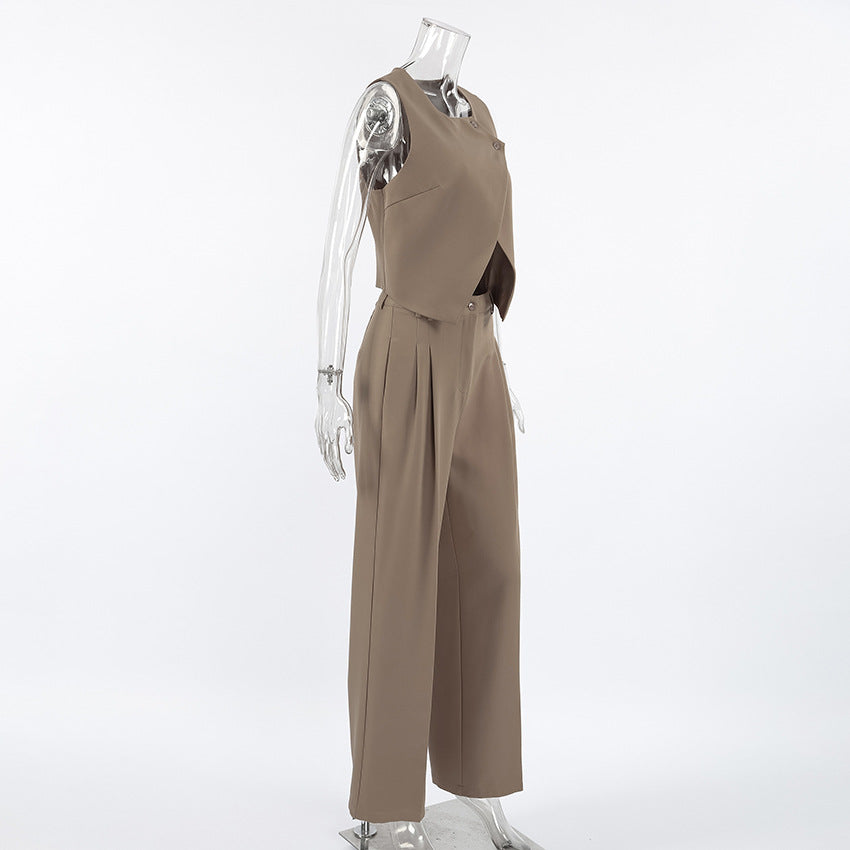 brown tailored Sleeveless Vest & High-Waisted Wide-Leg Pants Suit two piece set side view on a mannequin against a white background