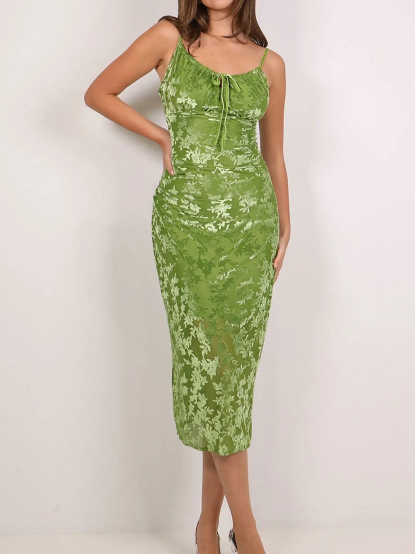 Green Textured Tie-Front Bodycon Cami midi Dress worn by a model on a white background