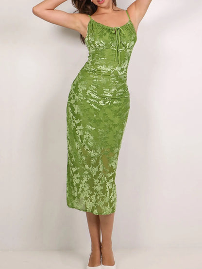 Textured Tie-Front Bodycon Cami Dress front view worn by a woman on a white background