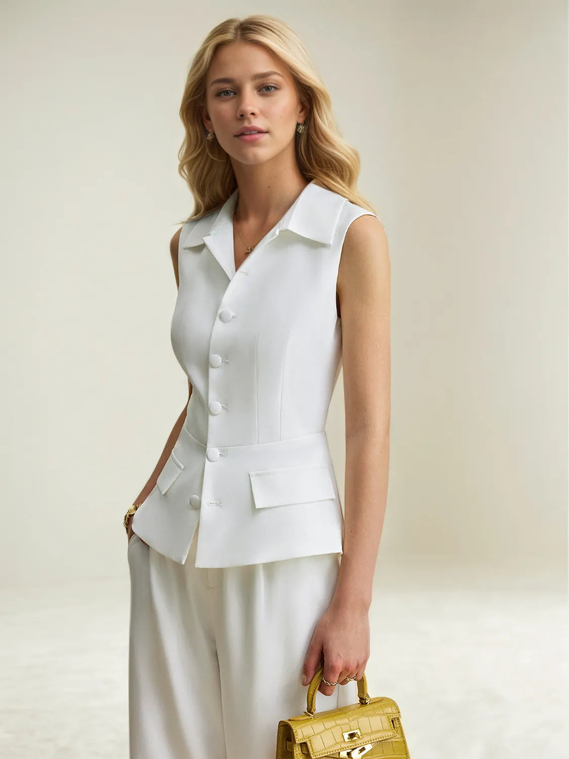 Woman wearing a white sleeveless blazer and holding a yellow handbag against a plain background