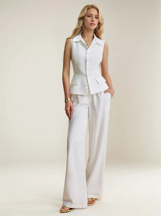 Front view of woman wearing a white Two-Piece Button-Up Vest and Wide-Leg Pants Suit Set on a plain background