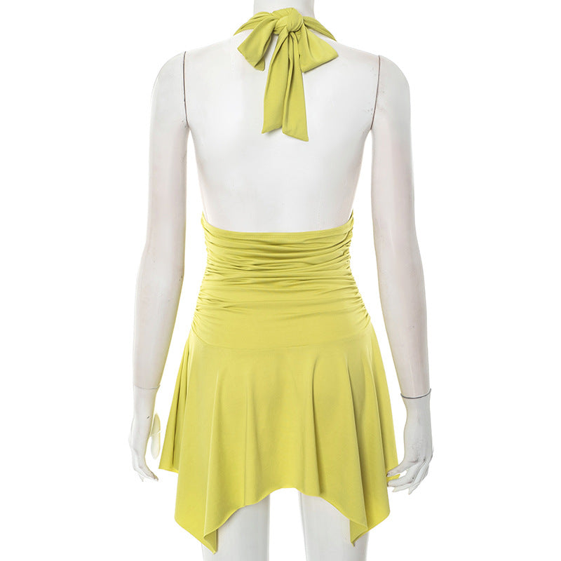 V-neck Halter Lace-up Pleated Dress