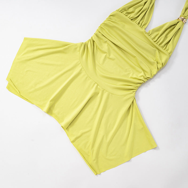 V-neck Halter Lace-up Pleated Dress