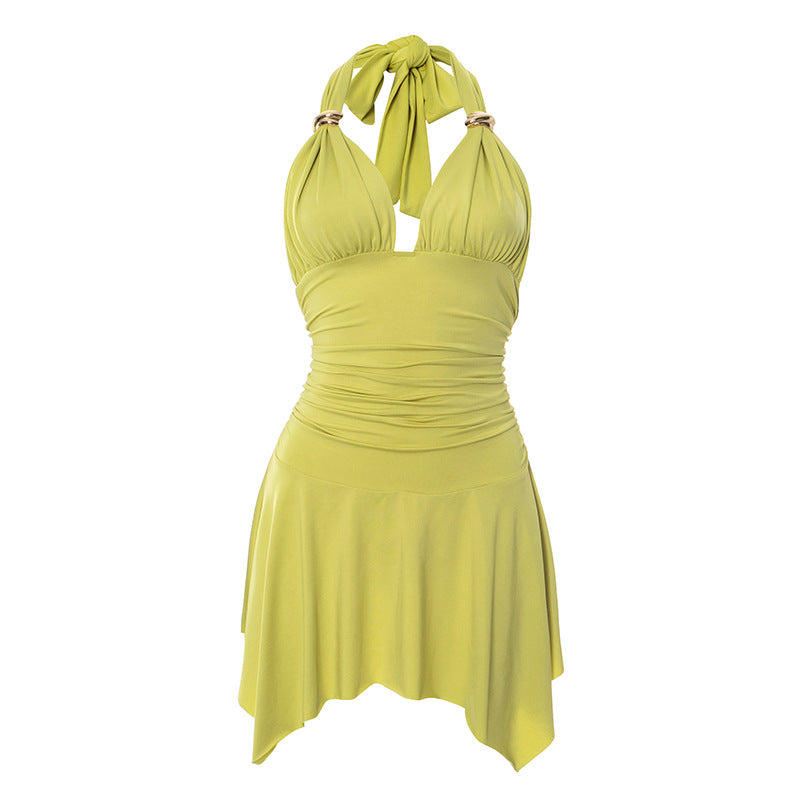 V-neck Halter Lace-up Pleated Dress