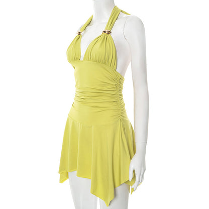 V-neck Halter Lace-up Pleated Dress
