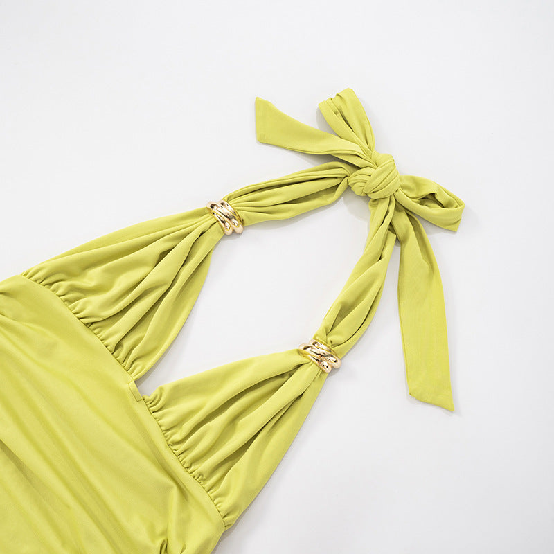 V-neck Halter Lace-up Pleated Dress