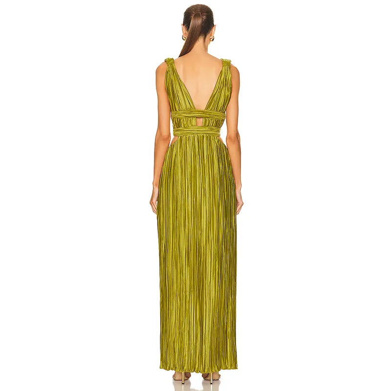 V-neck Strap Waist Slit Midi Dress