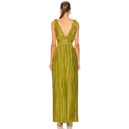 V-neck Strap Waist Slit Midi Dress