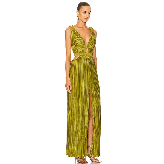 V-neck Strap Waist Slit Midi Dress