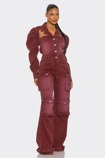 woman styling a wide-leg cargo jumpsuit with puff shoulders-utility style chic outfit