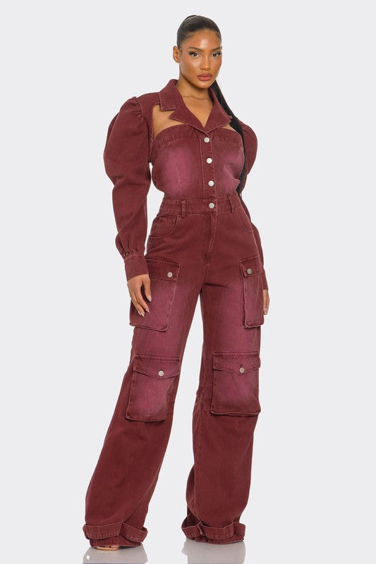 burgundy premium denin high fashion wide-leg cargo jumpsuit with puff shoulders for women 