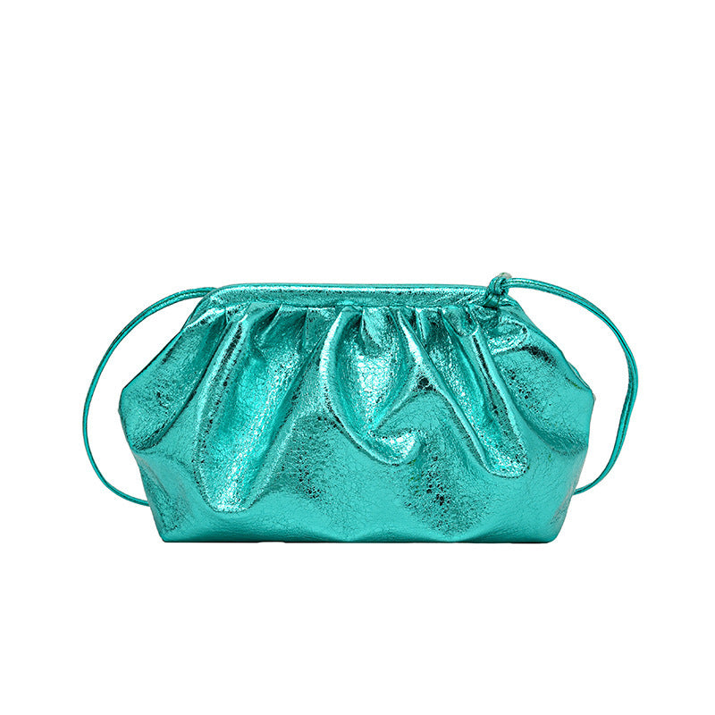 A metallic teal colored  PU leather clip shell bag with detachable strap.