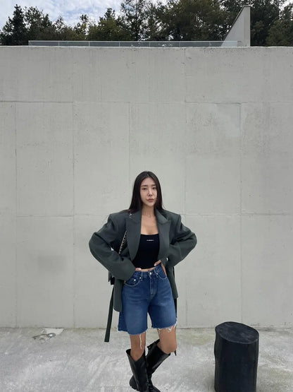 Washed Blue Simple Baggy Denim Shorts
