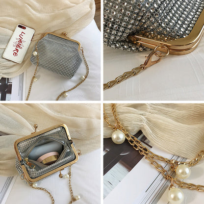 Interior view of vintage rhinestone bag with makeup item inside