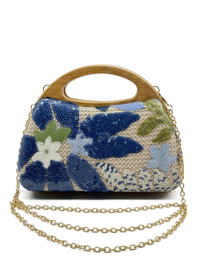 Wooden Handle Straw Sequins Handbag