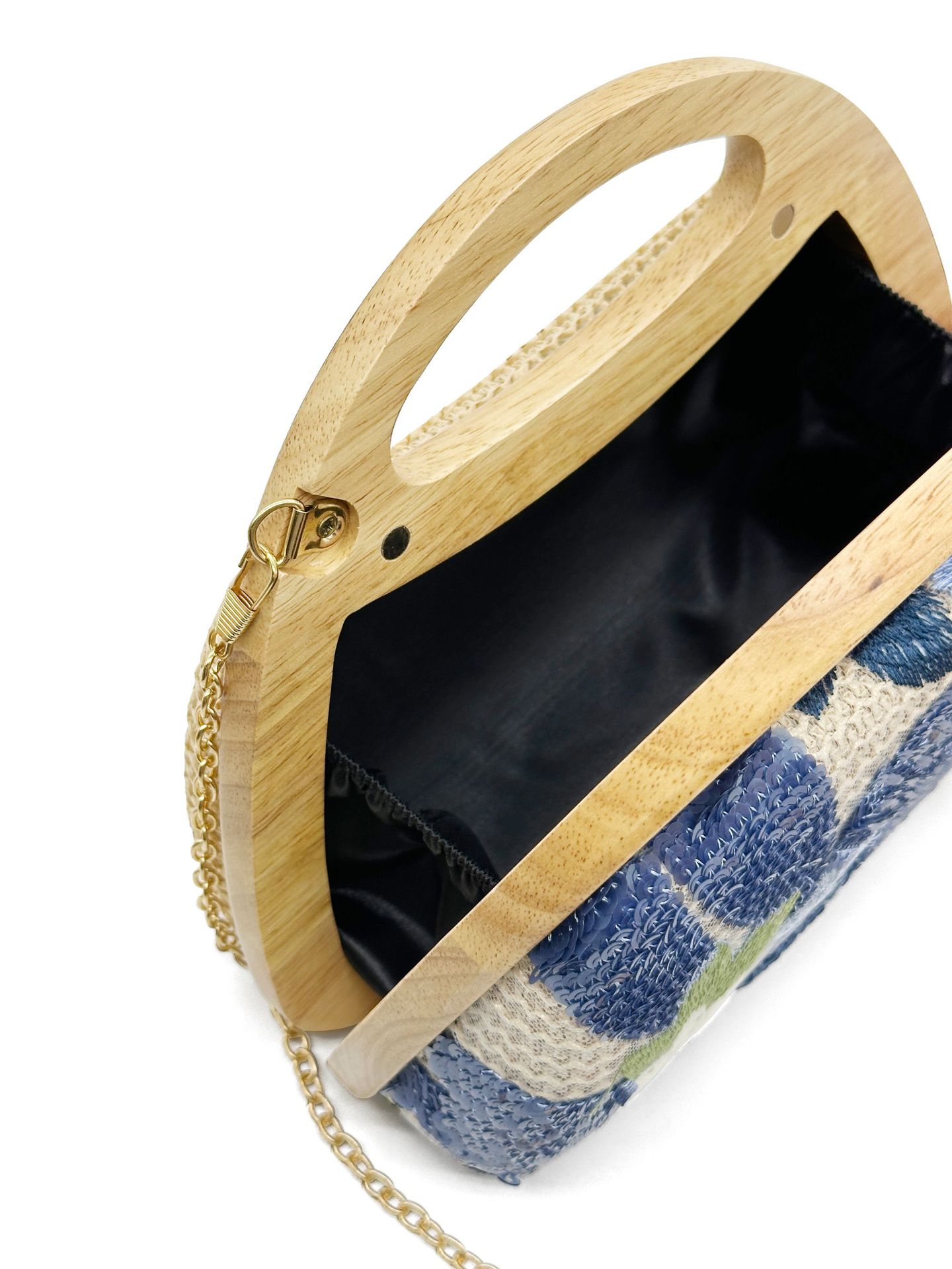 Wooden Handle Straw Sequins Handbag