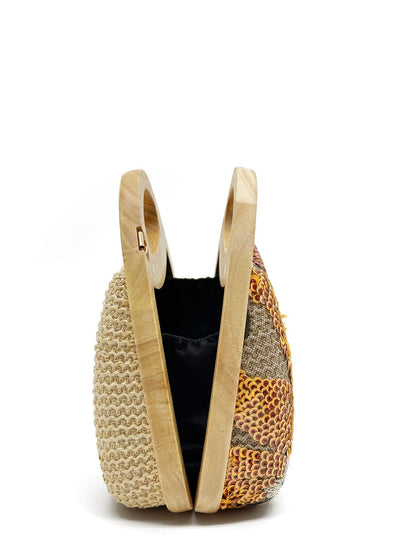 Wooden Handle Straw Sequins Handbag
