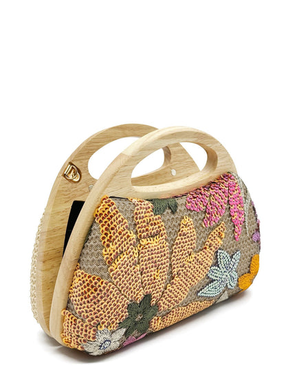 Wooden Handle Straw Sequins Handbag