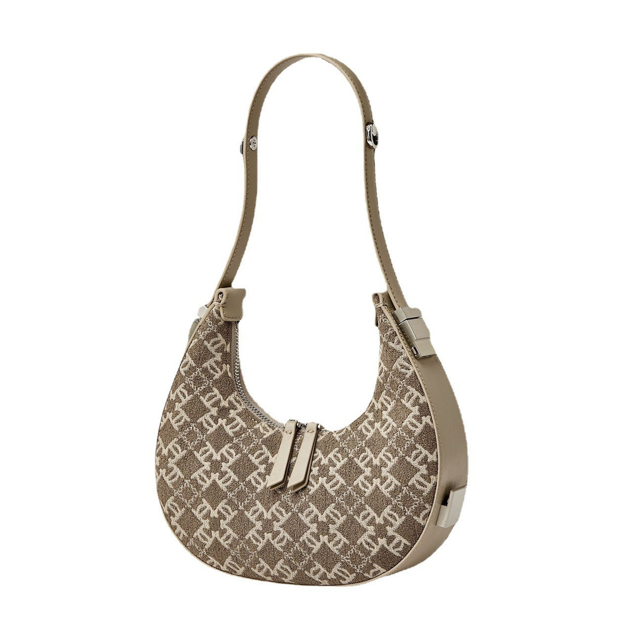 A beige monogram hobo canvas handbag with a geometric pattern, displayed against a neutral background.