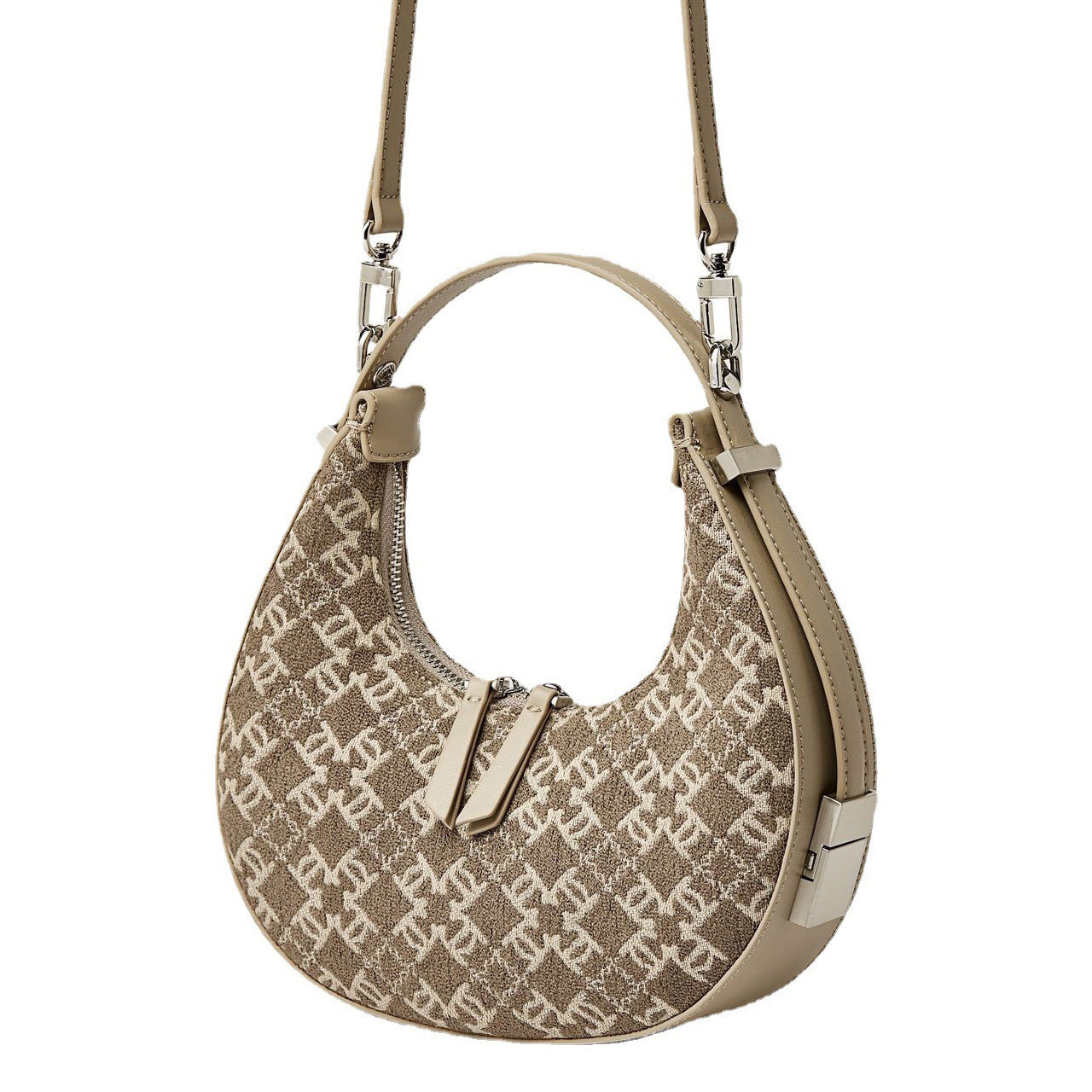 Neutral wool-blend canvas shoulder bag with stylish monogram print with a detachable crossbody strap on a white background

