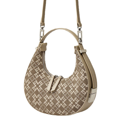 Neutral wool-blend canvas shoulder bag with stylish monogram print with a detachable crossbody strap on a white background

