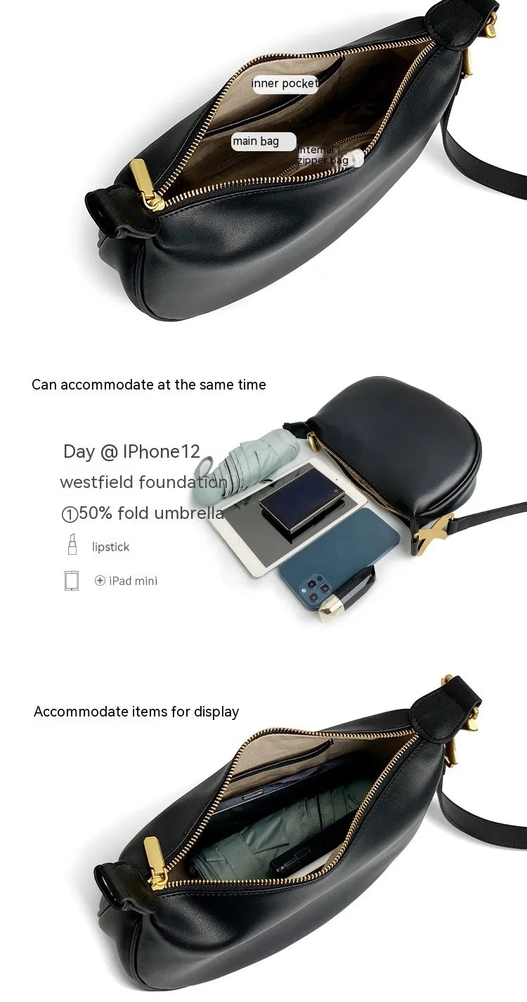 Black crossbody genuine leather bag with compartments labeled and items displayed inside.