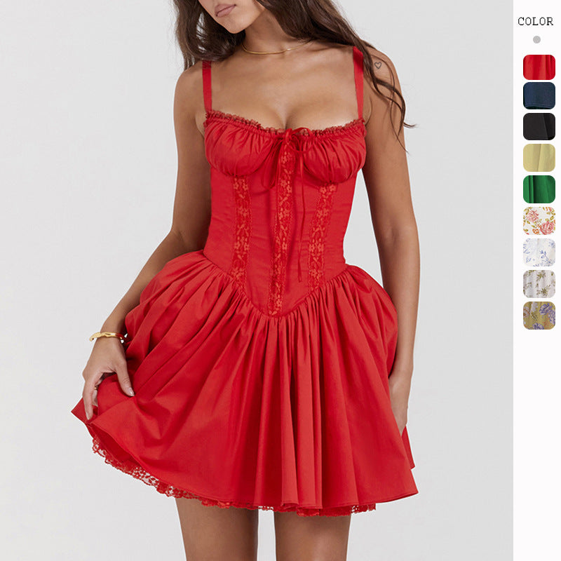 Lace-up Slim Waist Pleated Short Dress