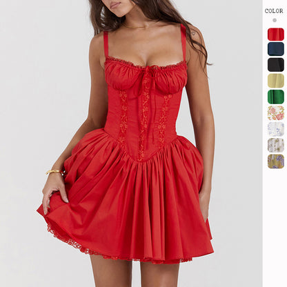 Lace-up Slim Waist Pleated Short Dress