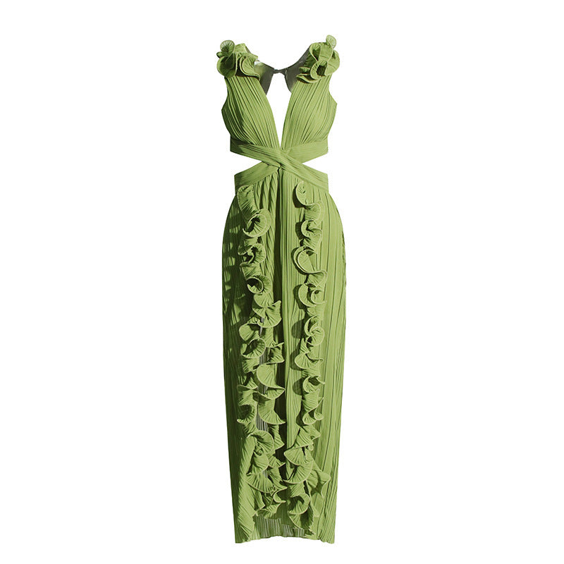 Ruffled Pleated High Slit Dress