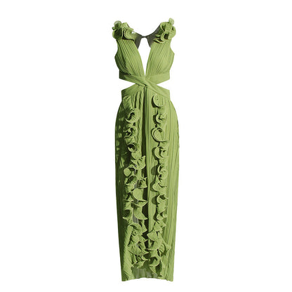 Ruffled Pleated High Slit Dress