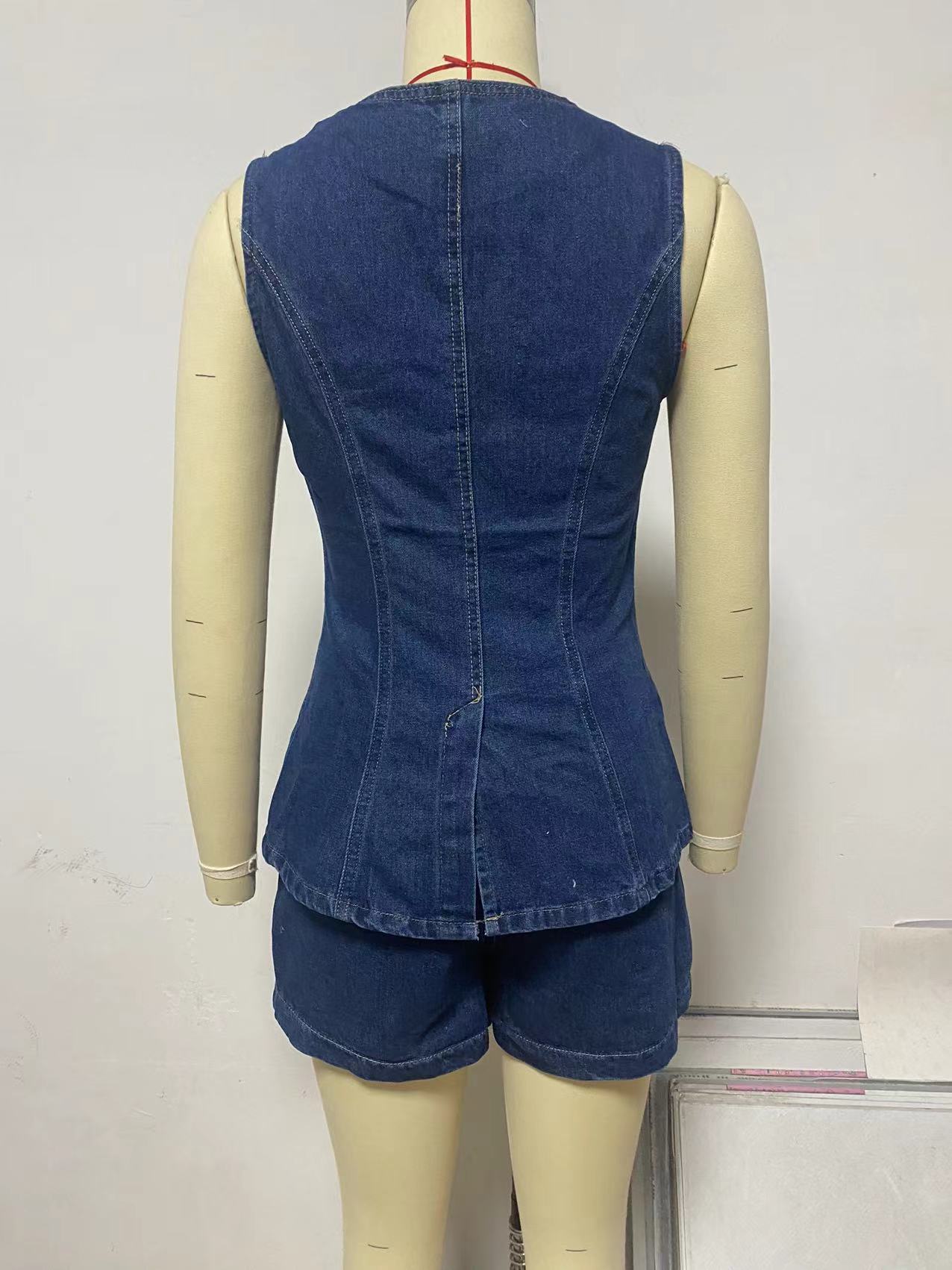 Denim Top And High Waist Shorts Set
