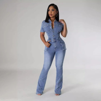Denim Short-sleeved Jumpsuit