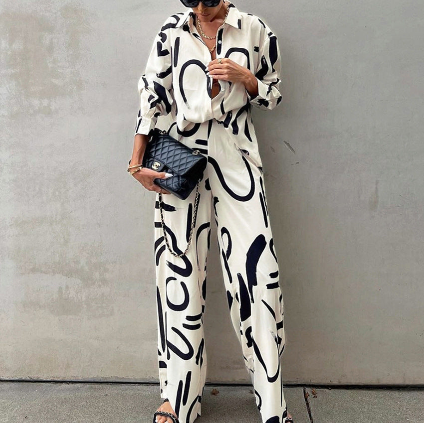 Printed Long  Wide-Pants Two-piece Set