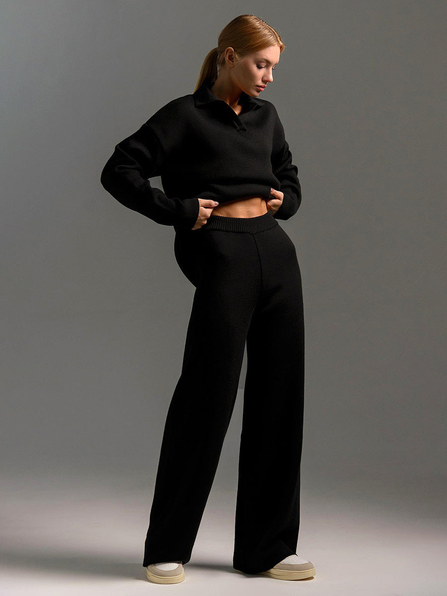 Simple Loose Solid Collar Sweater Set
